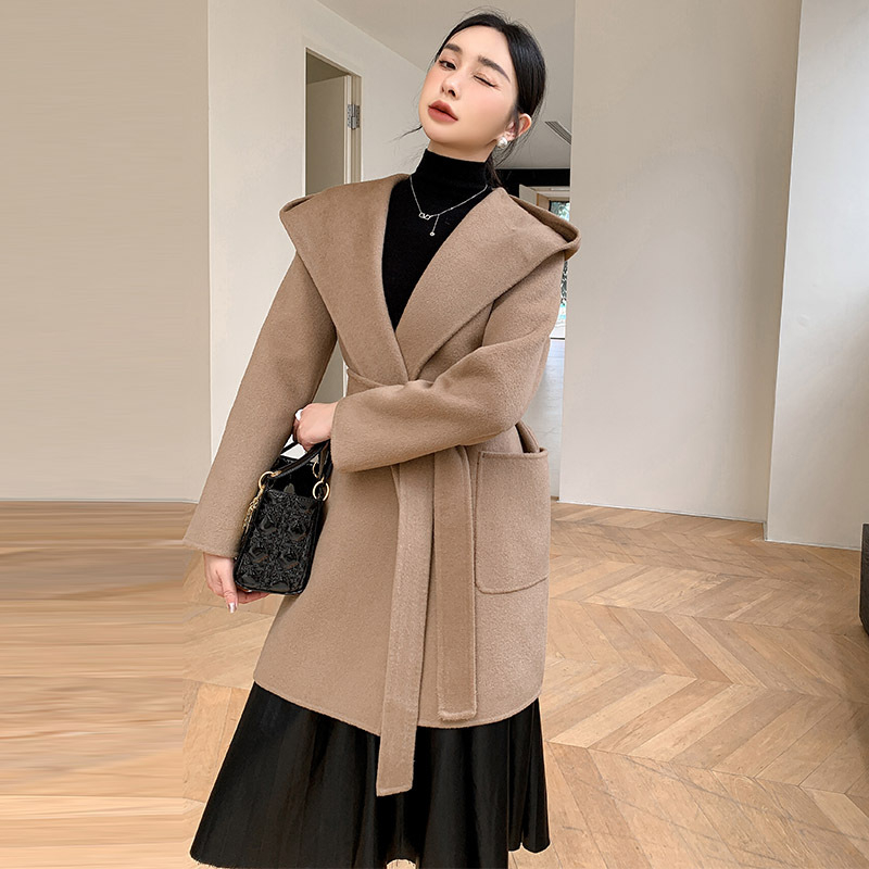 Palton de lână pentru femei, cu glugă, croială largă, lungime lungă, lână groasă, conținut lână 95%+