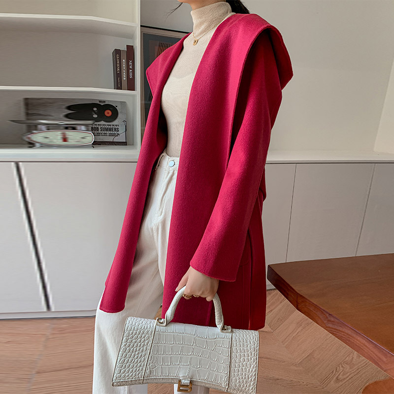 Palton de lână pentru femei, cu glugă, croială largă, lungime lungă, lână groasă, conținut lână 95%+