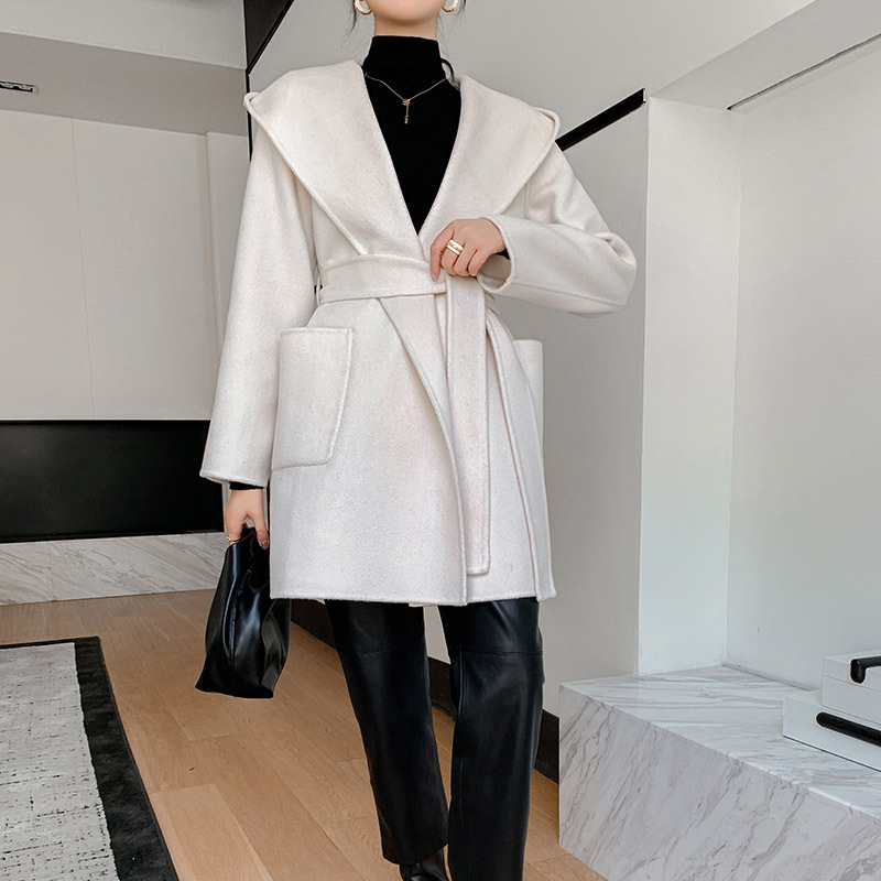 Palton de lână pentru femei, cu glugă, croială largă, lungime lungă, lână groasă, conținut lână 95%+