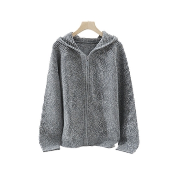 Cardigan lejer cu glugă din 100% lână, fir floral cu model valuri, tricot foarte gros pentru iarna 2025