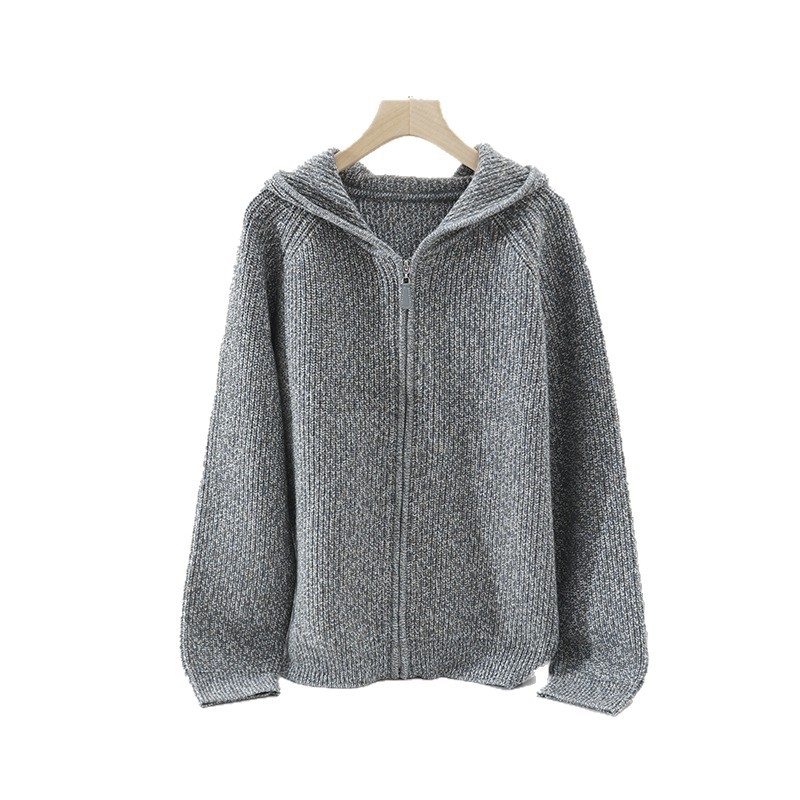 Cardigan lejer cu glugă din 100% lână, fir floral cu model valuri, tricot foarte gros pentru iarna 2025