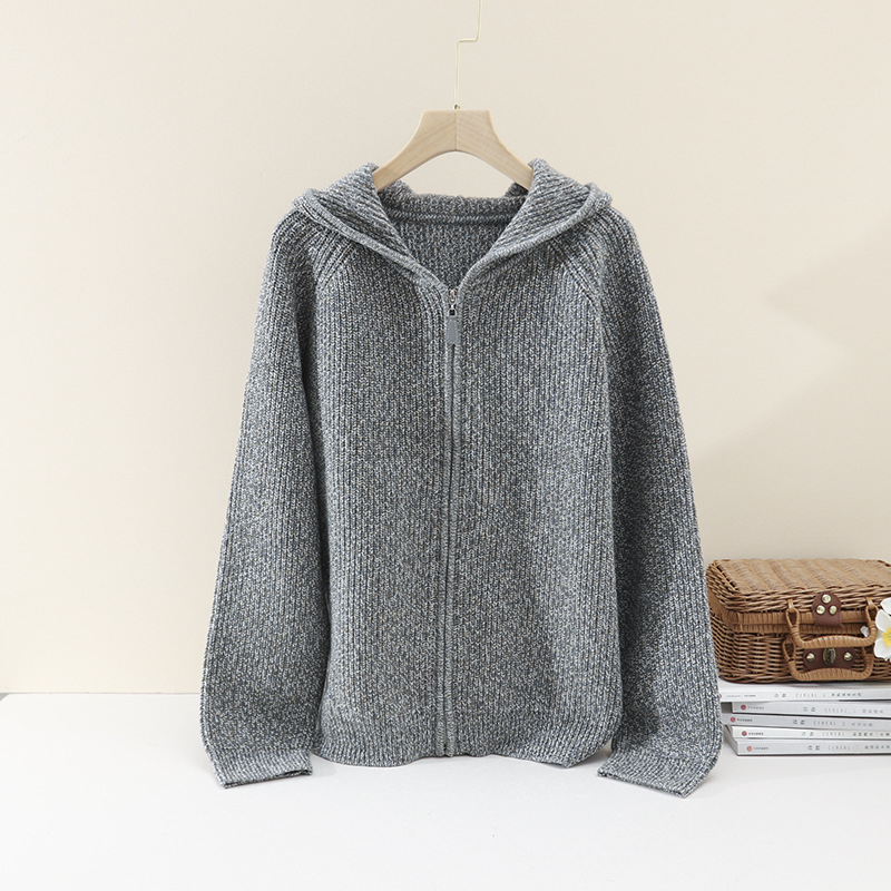 Cardigan lejer cu glugă din 100% lână, fir floral cu model valuri, tricot foarte gros pentru iarna 2025