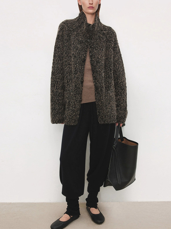 Cardigan tricotat manual din lână groasă, cu guler stand, lungime medie, mâneci lungi, amestec lână-cashmere, stil elegant pentru navetă