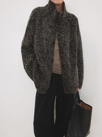 Cardigan tricotat manual din lână groasă, cu guler stand, lungime medie, mâneci lungi, amestec lână-cashmere, stil elegant pentru navetă