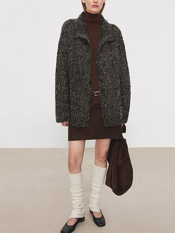 Cardigan tricotat manual din lână groasă, cu guler stand, lungime medie, mâneci lungi, amestec lână-cashmere, stil elegant pentru navetă