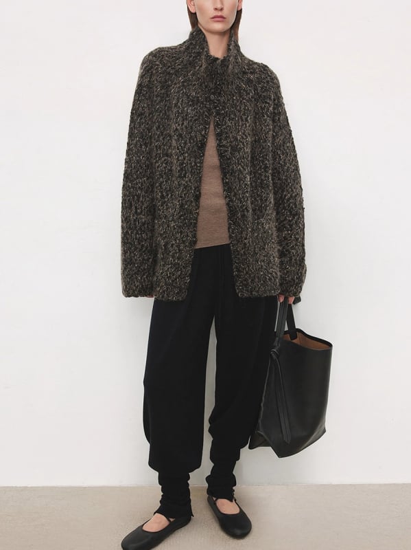 Cardigan tricotat manual din lână groasă, cu guler stand, lungime medie, mâneci lungi, amestec lână-cashmere, stil elegant pentru navetă