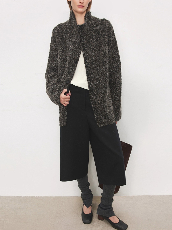 Cardigan tricotat manual din lână groasă, cu guler stand, lungime medie, mâneci lungi, amestec lână-cashmere, stil elegant pentru navetă