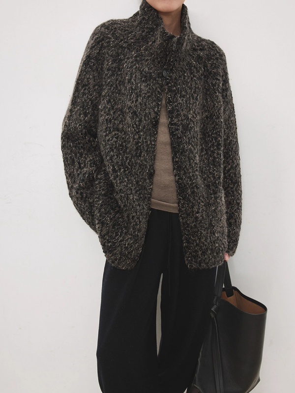 Cardigan tricotat manual din lână groasă, cu guler stand, lungime medie, mâneci lungi, amestec lână-cashmere, stil elegant pentru navetă