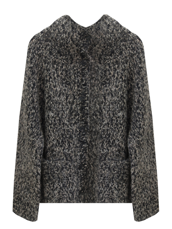 Cardigan tricotat manual din lână groasă, cu guler stand, lungime medie, mâneci lungi, amestec lână-cashmere, stil elegant pentru navetă