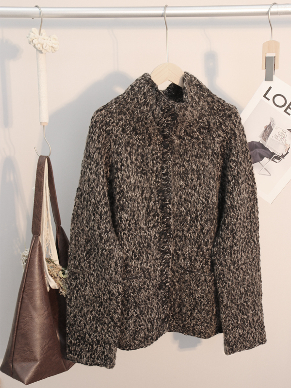 Cardigan tricotat manual din lână groasă, cu guler stand, lungime medie, mâneci lungi, amestec lână-cashmere, stil elegant pentru navetă