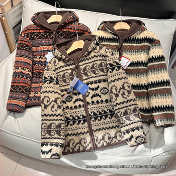 Kapucňová fleecová bunda s vzorom Fair Isle, zima 2025, polyester 30–50%