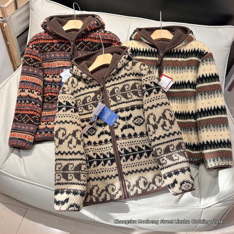 Kapucňová fleecová bunda s vzorom Fair Isle, zima 2025, polyester 30–50%