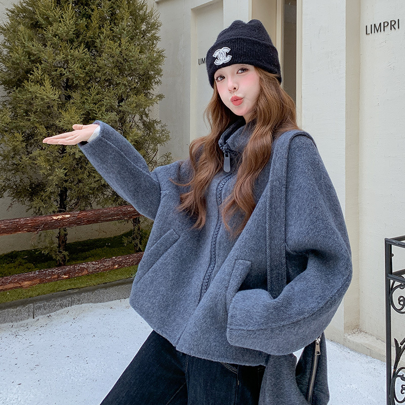 Palton damă din lână, dublu față, scurt, iarna 2025, senzație de lux, țesătură groasă, lână 70–80%, lână secundară sub 30%