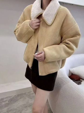 Jachetă din piele întoarsă, ultra-subțire, mâneci lungi, rever, fermoar, croială lejeră, iarnă 2025