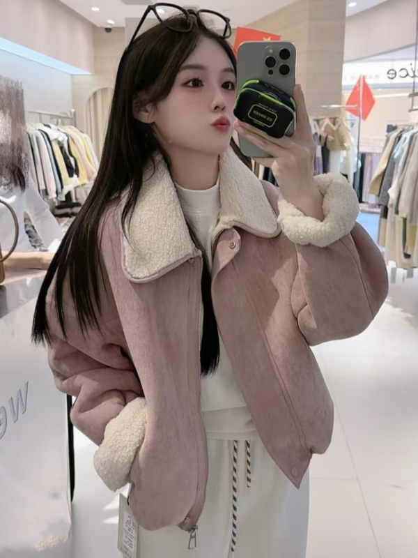 Jachetă din piele întoarsă, ultra-subțire, mâneci lungi, rever, fermoar, croială lejeră, iarnă 2025