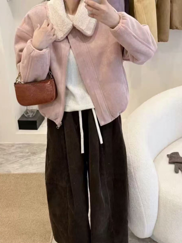 Jachetă din piele întoarsă, ultra-subțire, mâneci lungi, rever, fermoar, croială lejeră, iarnă 2025