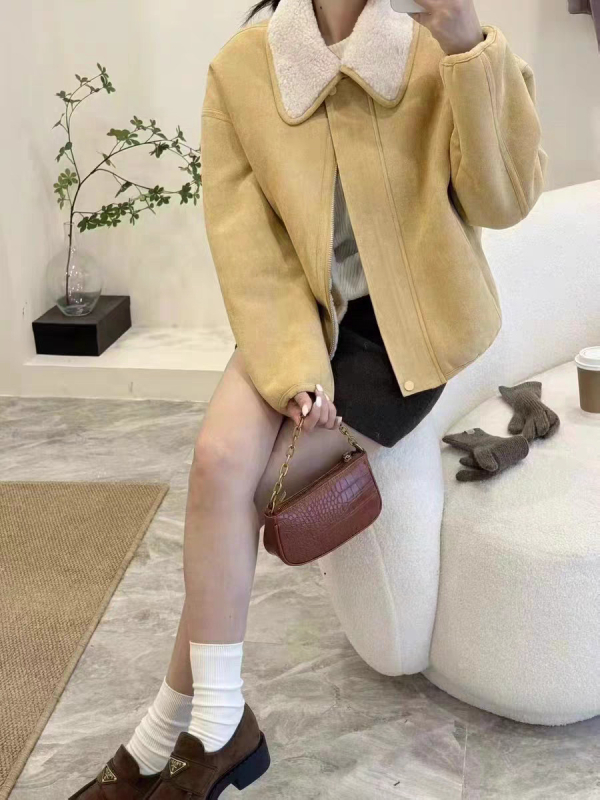 Jachetă din piele întoarsă, ultra-subțire, mâneci lungi, rever, fermoar, croială lejeră, iarnă 2025