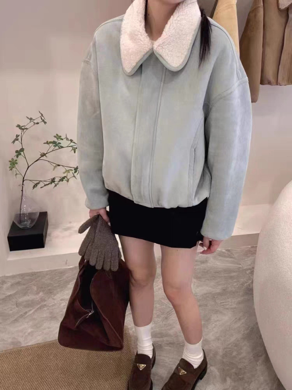 Jachetă din piele întoarsă, ultra-subțire, mâneci lungi, rever, fermoar, croială lejeră, iarnă 2025