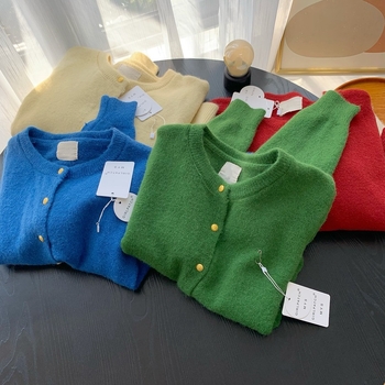 Cardigan tricotat, amestec din bumbac-cashmire, tricot gros, guler rotund, croială lejeră