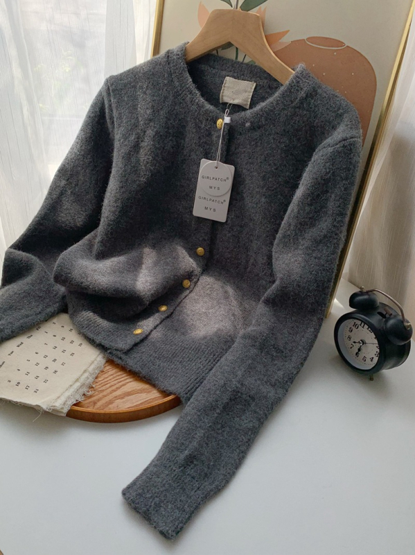 Cardigan tricotat, amestec din bumbac-cashmire, tricot gros, guler rotund, croială lejeră