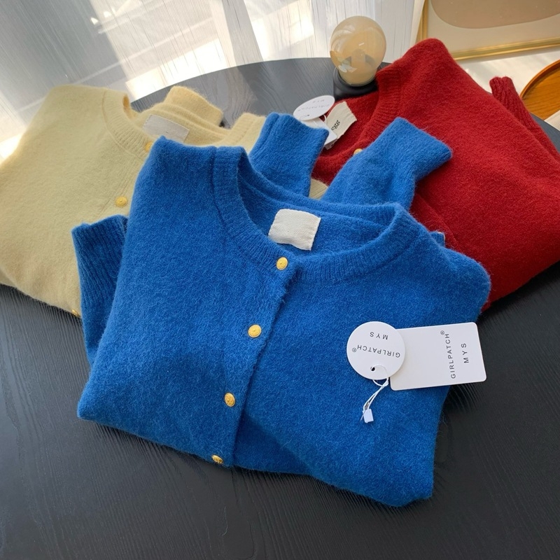 Cardigan tricotat, amestec din bumbac-cashmire, tricot gros, guler rotund, croială lejeră