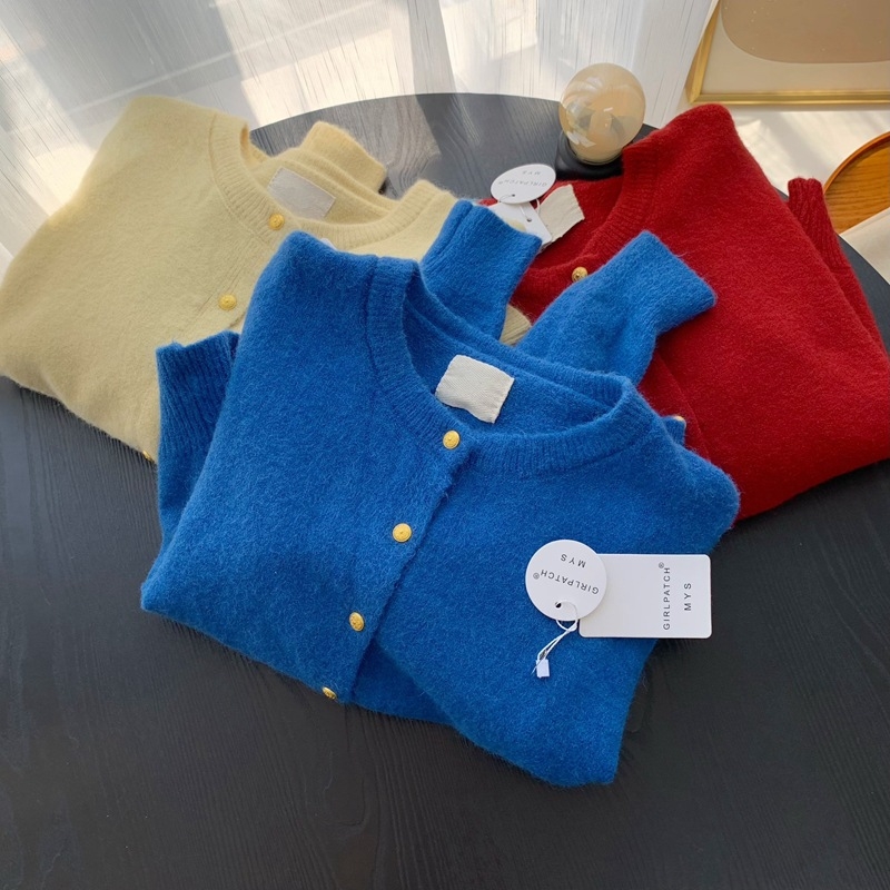 Cardigan tricotat, amestec din bumbac-cashmire, tricot gros, guler rotund, croială lejeră