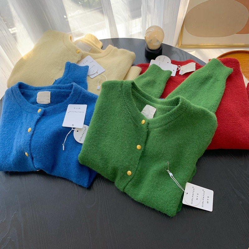 Cardigan tricotat, amestec din bumbac-cashmire, tricot gros, guler rotund, croială lejeră