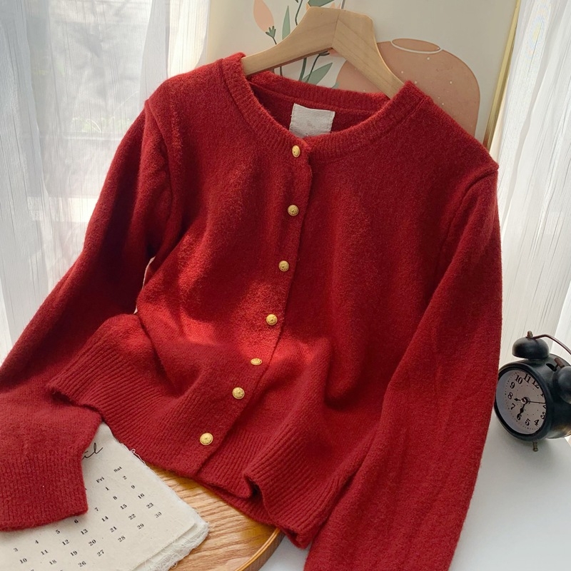 Cardigan tricotat, amestec din bumbac-cashmire, tricot gros, guler rotund, croială lejeră