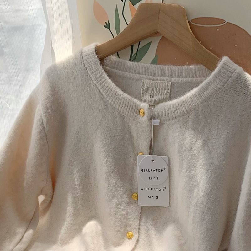 Cardigan tricotat, amestec din bumbac-cashmire, tricot gros, guler rotund, croială lejeră