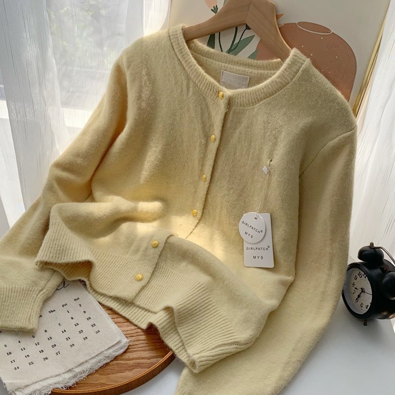 Cardigan tricotat, amestec din bumbac-cashmire, tricot gros, guler rotund, croială lejeră