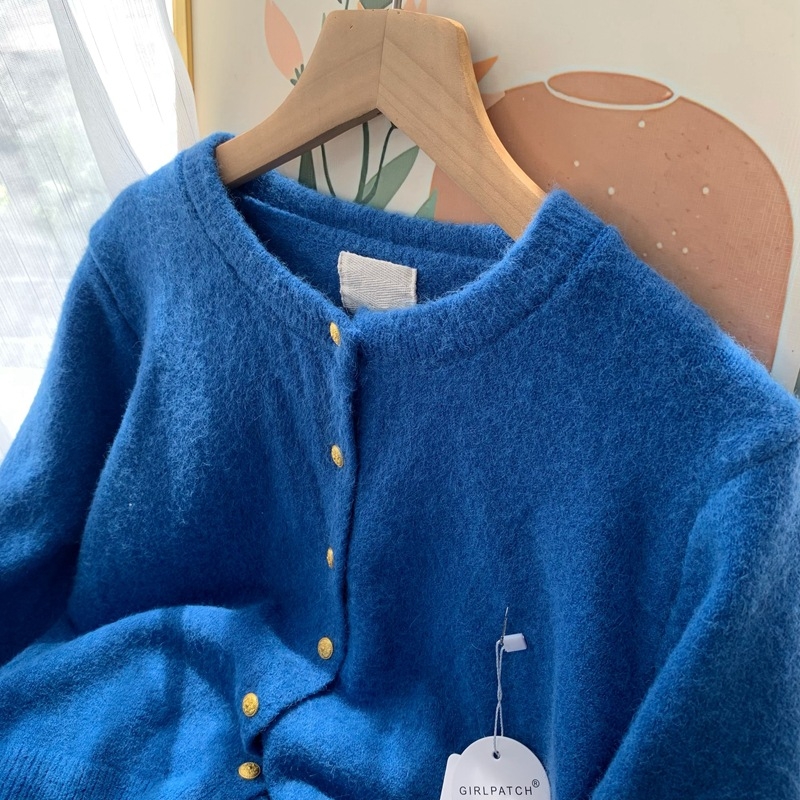 Cardigan tricotat, amestec din bumbac-cashmire, tricot gros, guler rotund, croială lejeră