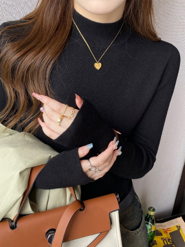 Pulover tricotat de damă din bumbac, half-turtleneck, mâneci lungi, croială scurtă ≤40 cm, conținut principal de țesătură 30–50%