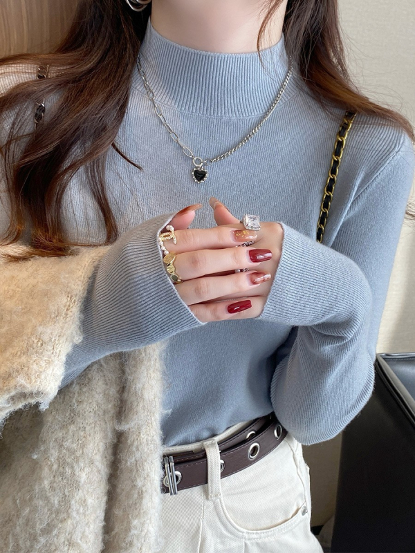 Pulover tricotat de damă din bumbac, half-turtleneck, mâneci lungi, croială scurtă ≤40 cm, conținut principal de țesătură 30–50%