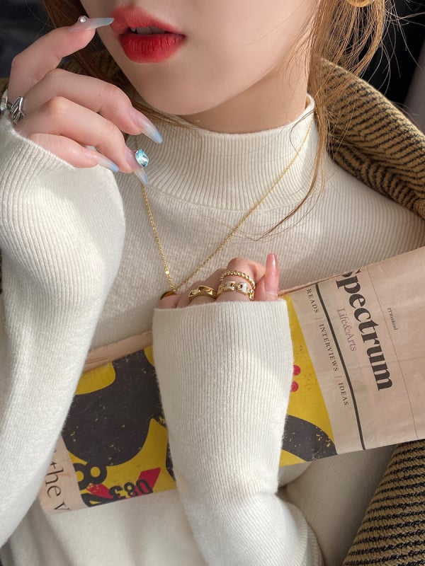 Pulover tricotat de damă din bumbac, half-turtleneck, mâneci lungi, croială scurtă ≤40 cm, conținut principal de țesătură 30–50%