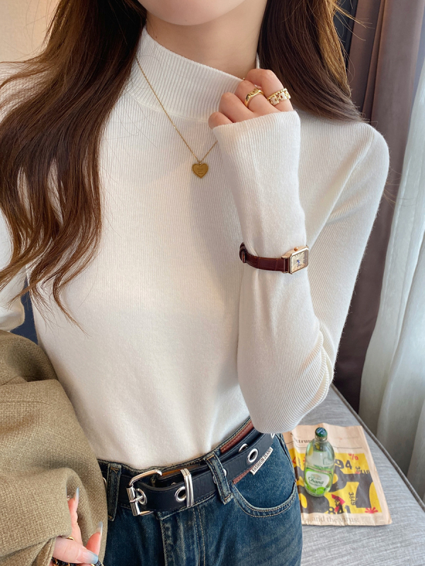 Pulover tricotat de damă din bumbac, half-turtleneck, mâneci lungi, croială scurtă ≤40 cm, conținut principal de țesătură 30–50%