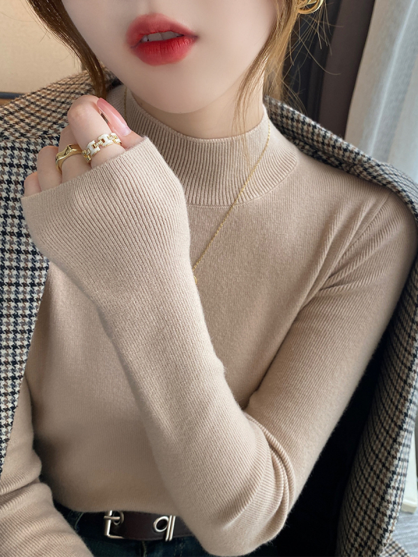 Pulover tricotat de damă din bumbac, half-turtleneck, mâneci lungi, croială scurtă ≤40 cm, conținut principal de țesătură 30–50%