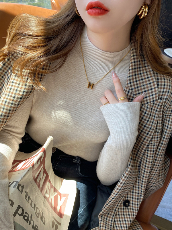 Pulover tricotat de damă din bumbac, half-turtleneck, mâneci lungi, croială scurtă ≤40 cm, conținut principal de țesătură 30–50%