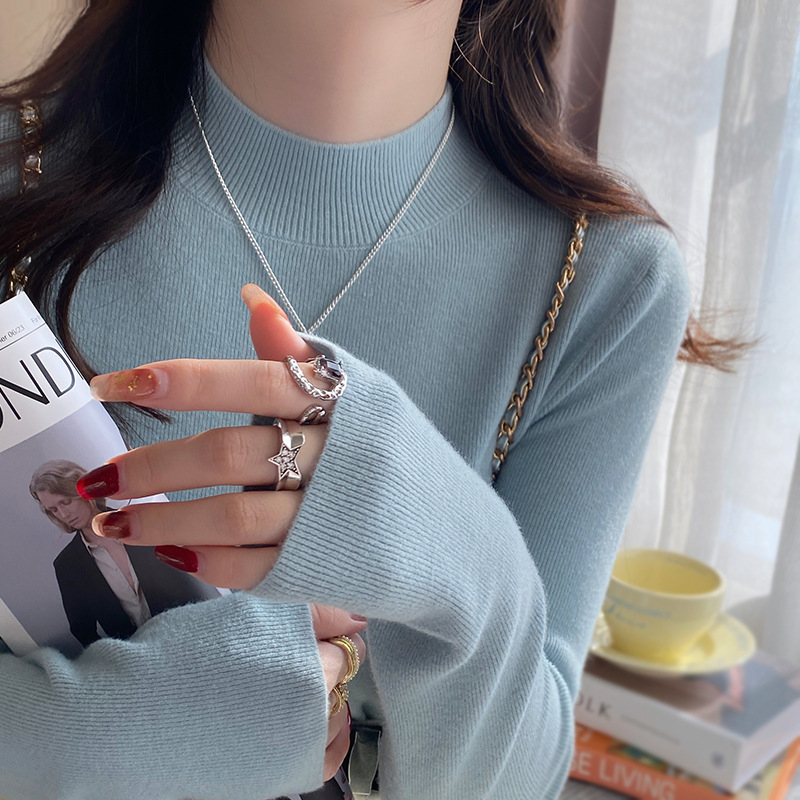 Pulover tricotat de damă din bumbac, half-turtleneck, mâneci lungi, croială scurtă ≤40 cm, conținut principal de țesătură 30–50%