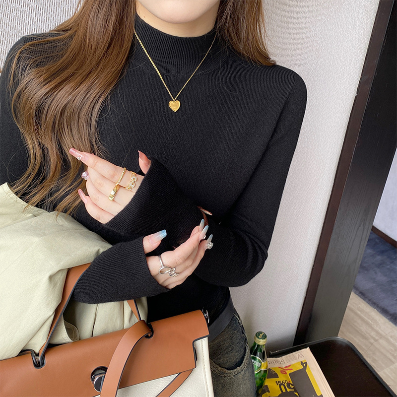 Pulover tricotat de damă din bumbac, half-turtleneck, mâneci lungi, croială scurtă ≤40 cm, conținut principal de țesătură 30–50%