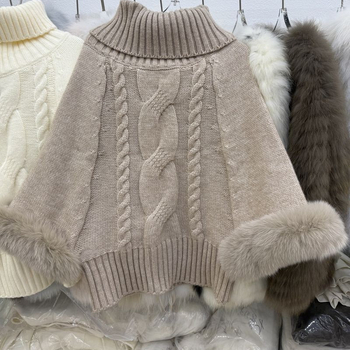 Női laza szabású pulóver magas gallérral, egyszínű kötésből, juh gyapjúból