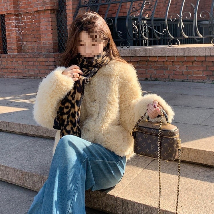 Palton scurt din lână de miel pentru femei, cu blană integrată, stil coreean, rever la guler, căptușeală pufoasă groasă