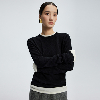 Pulover damă din amestec casmir-lână (casmir 30–50%, lână 50–70%), guler rotund, mâneci lungi, lungime 50–65 cm, tricotat