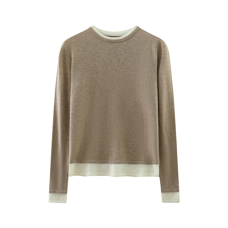 Pulover damă din amestec casmir-lână (casmir 30–50%, lână 50–70%), guler rotund, mâneci lungi, lungime 50–65 cm, tricotat