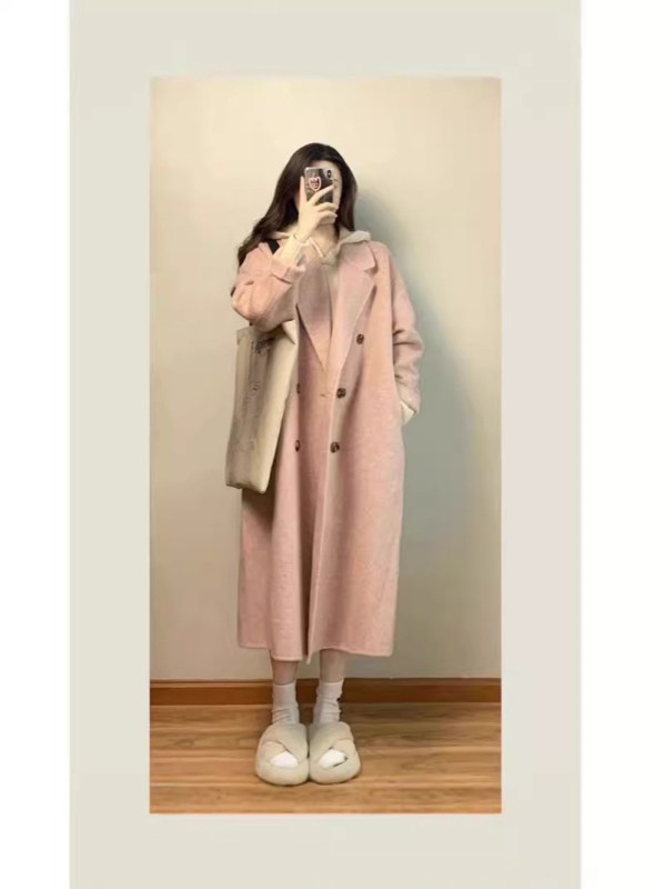 Palton damă din cașmir și poliester, nasturi dubli, guler stil sacou, lungime medie