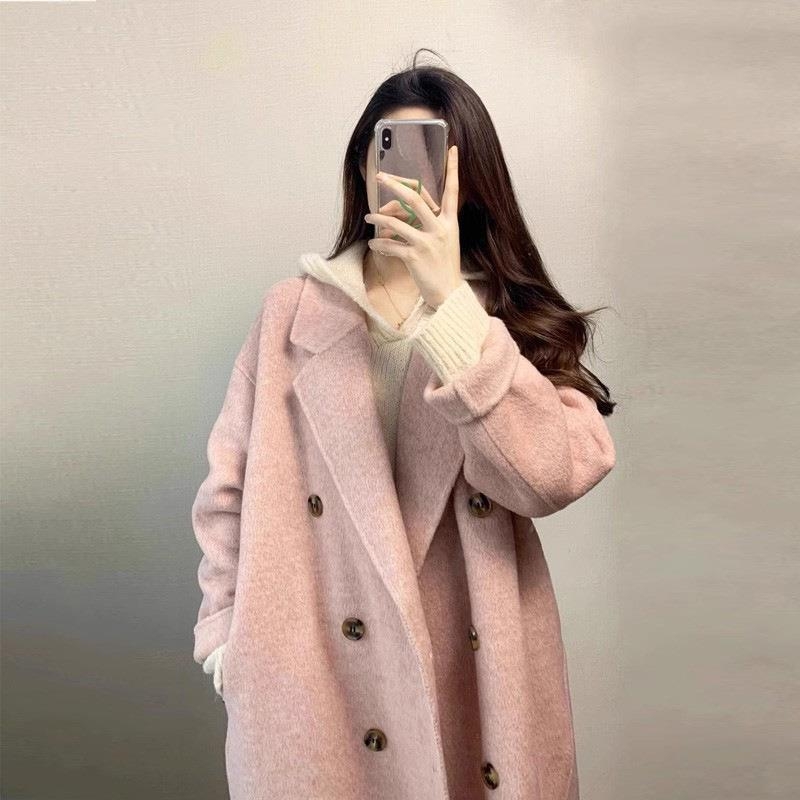 Palton damă din cașmir și poliester, nasturi dubli, guler stil sacou, lungime medie