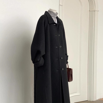Palton damă din cașmir cu catifea dublă, lungime medie, guler polo, nasturi