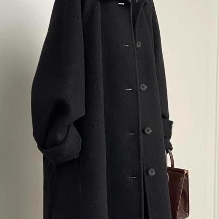 Palton damă din cașmir cu catifea dublă, lungime medie, guler polo, nasturi