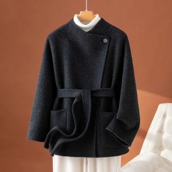 Ženski vuneni kaput, korejski gradski stil, srednja dužina, bez ovratnika, s pojasom
