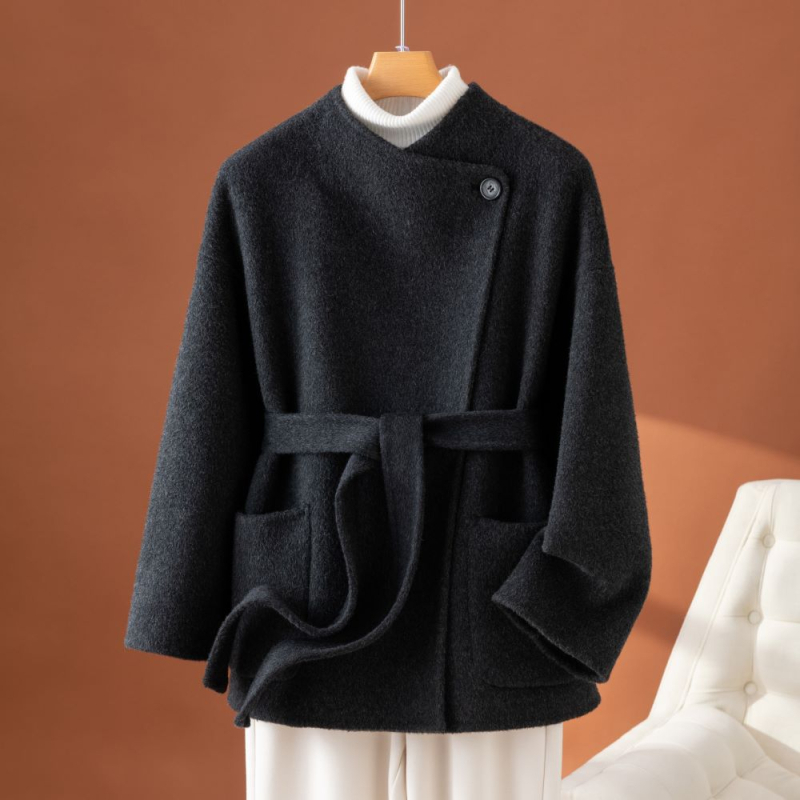 Ženski vuneni kaput, korejski gradski stil, srednja dužina, bez ovratnika, s pojasom