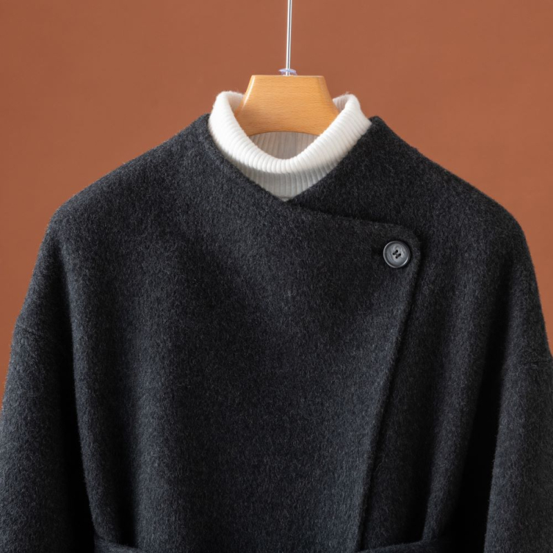 Ženski vuneni kaput, korejski gradski stil, srednja dužina, bez ovratnika, s pojasom